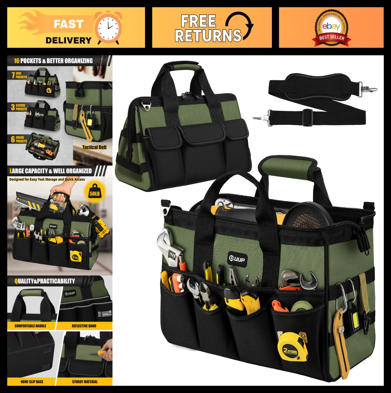 Large 18-Inch Tool Bag Organizer – 16 Pockets, Heavy Duty, Portable Toolbox, MOL