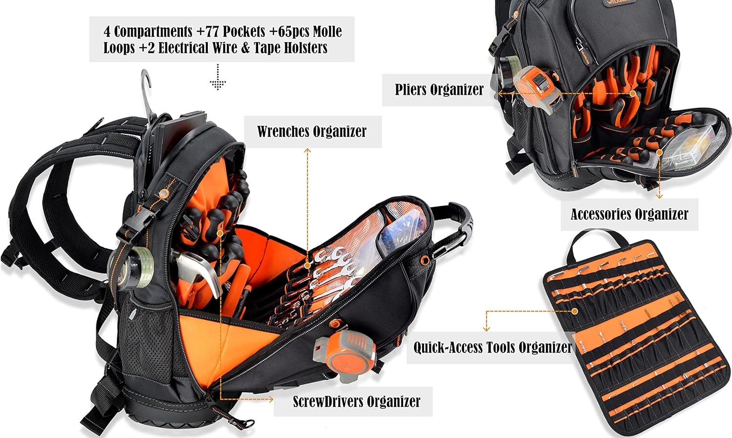 WELKINLAND 77-Pockets Electricians Tool Backpack, HVAC Tools Bag Backpacks