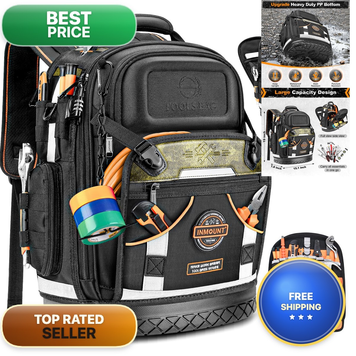 LOKASS 8603 Tool Backpack 1680D Heavy Duty HVAC with Molded Base Combination