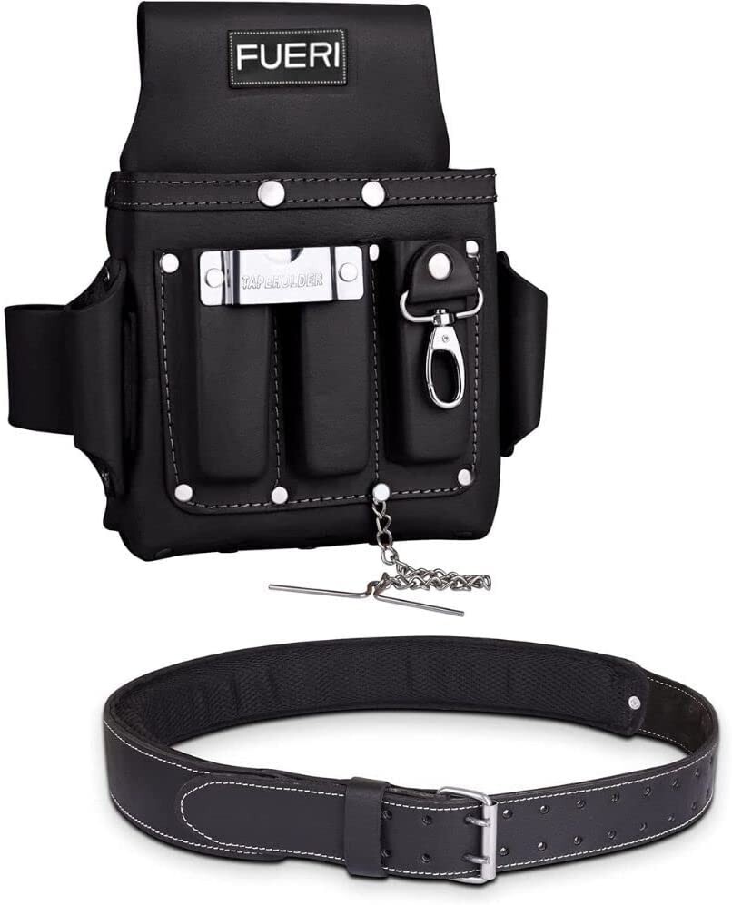 FUERI Premium Grain Leather Work Belt and 4 Pocket Electrician Tool Pouch Tool