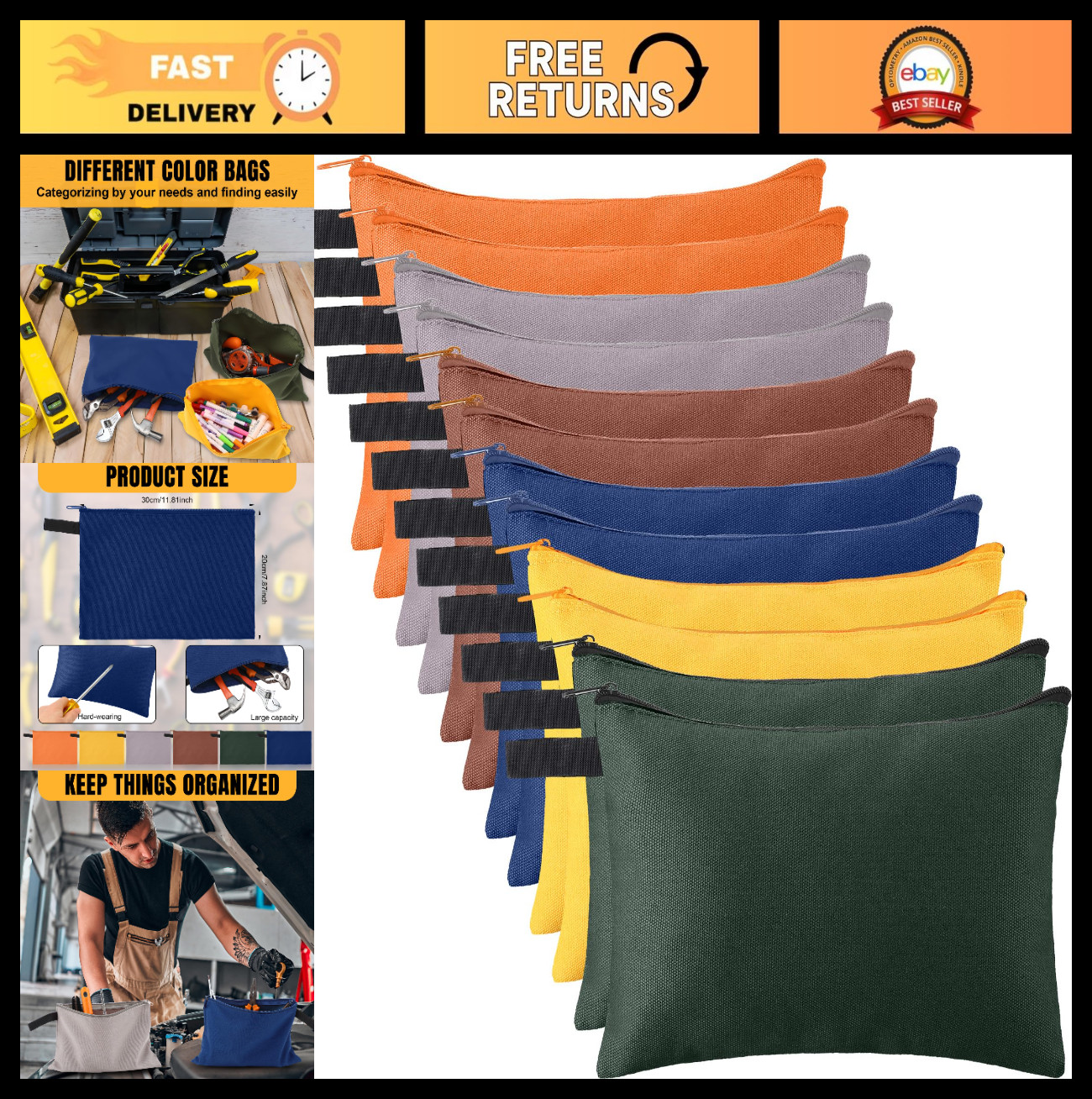 12 Pcs Heavy Duty Canvas Tool Bag Pouch Set – Zippered Utility Organizer for Too