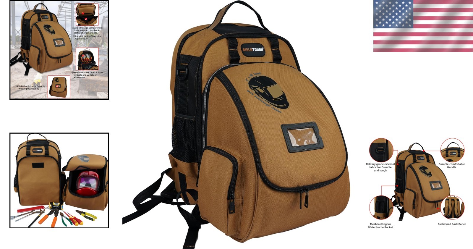 Military-Grade Welding Tool Backpack with Large Capacity Helmet Bag in Brown