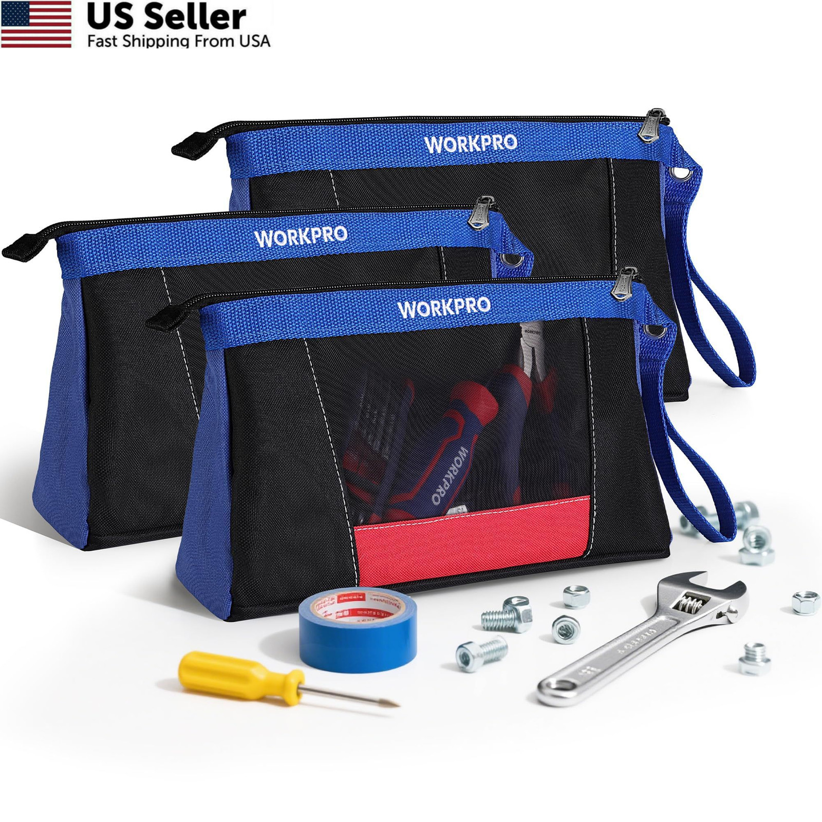 WORKPRO 12″ Tool Pouches with Zipper, Heavy-Duty Small Bag, 12″, Black