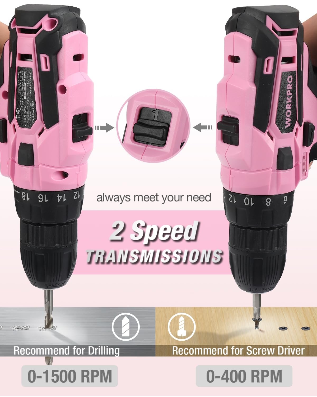 WORKPRO Pink Cordless Drill Driver Set, 12V 1-4 for small size screws,