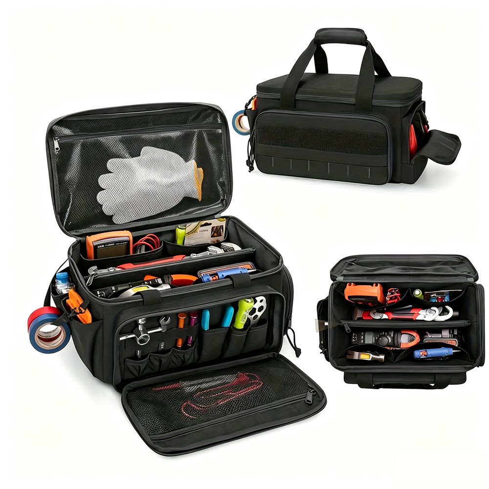 14″ Hard Base Tool Bag with Shoulder Strap Heavy Duty Storage Bag Multi Pocket