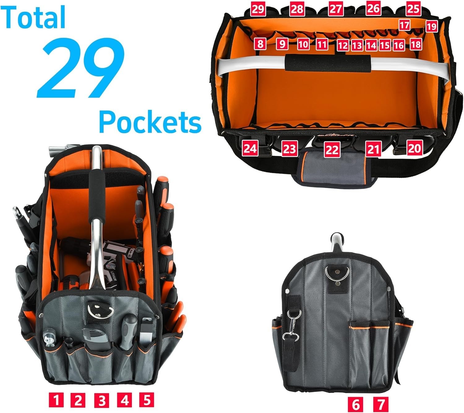 16 Inch Open Top Tool Bag, Foldable 29 Pockets Tool Tote Bag with Handle & Padde