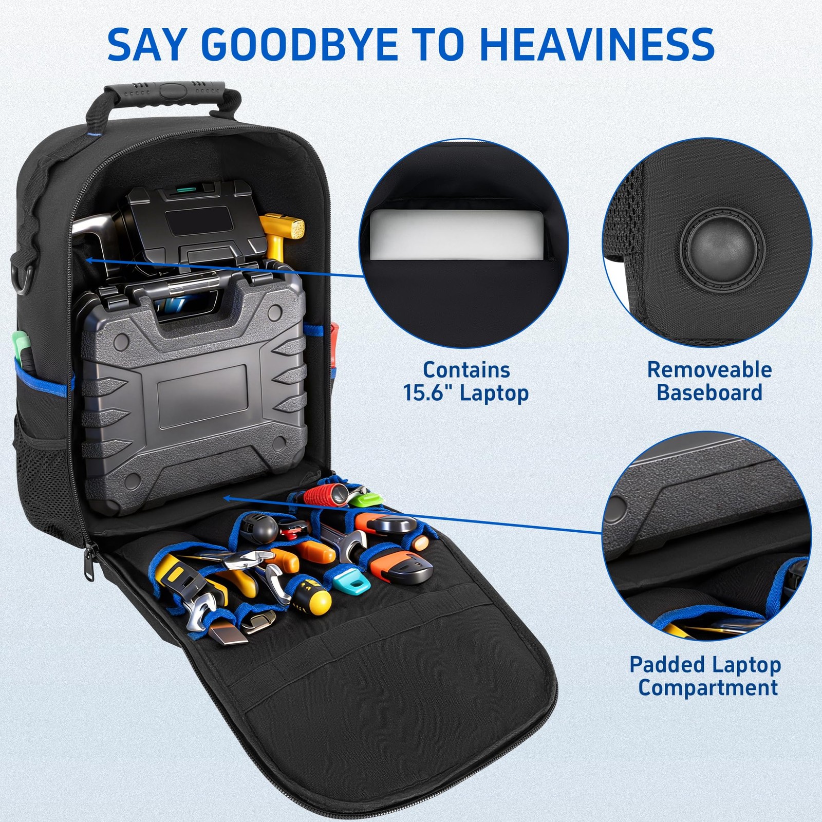 LASUK Backpack Tool Bag with Movable Base Plate, 11x9x16 inches, Black&Blue