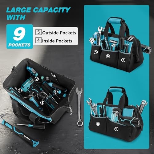 DURATECH 13 Inch Small Tool Bag, 9 Pockets, Blue Polyester, 33 lb Capacity