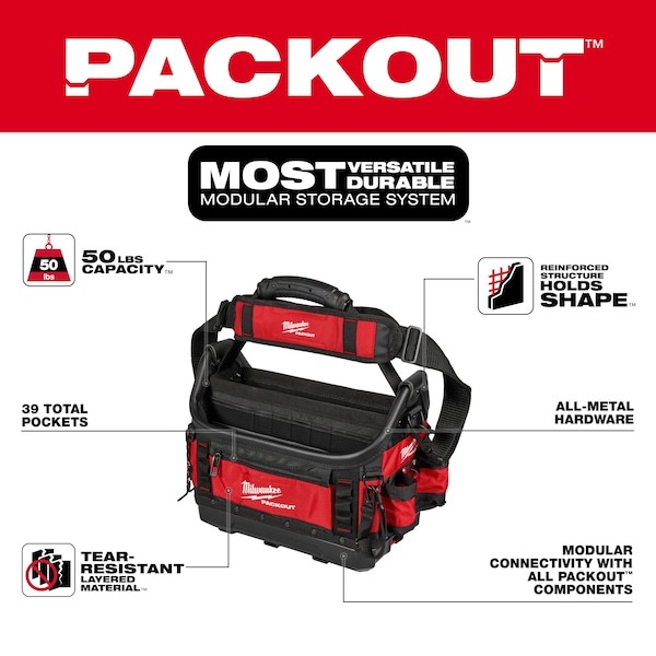 Milwaukee Tool 48-22-8317 Tool Tote, Red, Ballistic Polyester, 39 Pockets