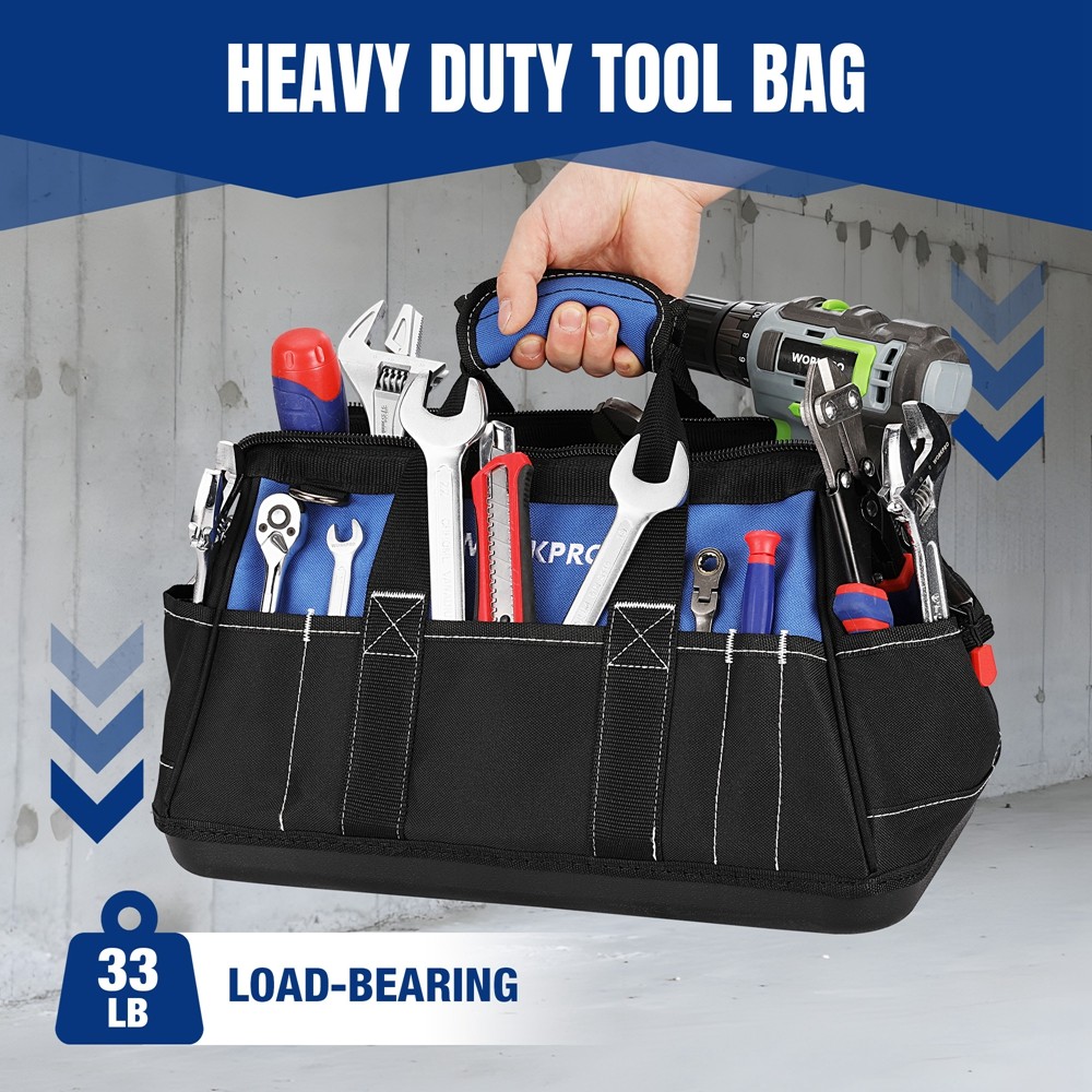 WORKPRO 16-inch Wide Mouth Tool Storage Bag w/Water Proof Molded Base 22 Pockets