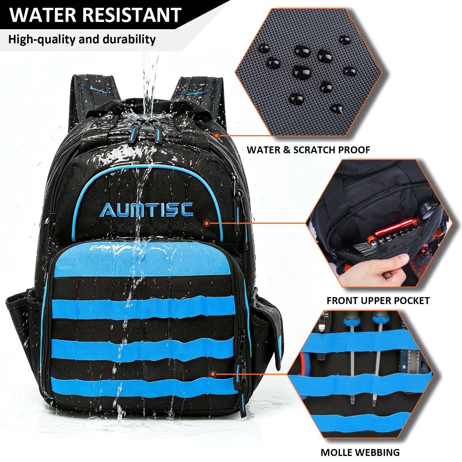 AUMTISC Tool Bag Backpack for Men, Large Heavy Duty Bags with 49 L, Blue