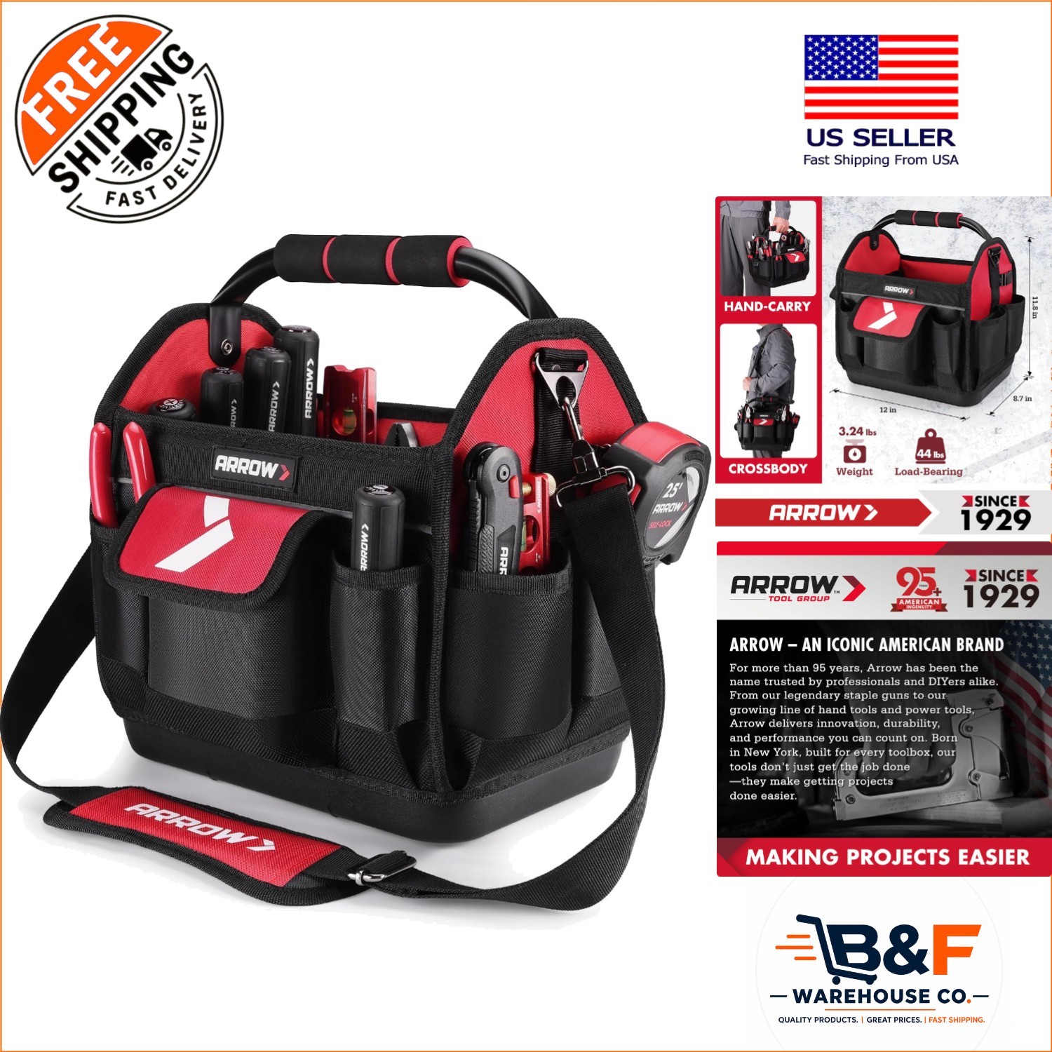 Compact ARROW 12″ Tool Bag with Waterproof Hard Base – Ideal for Plumbers & HVAC