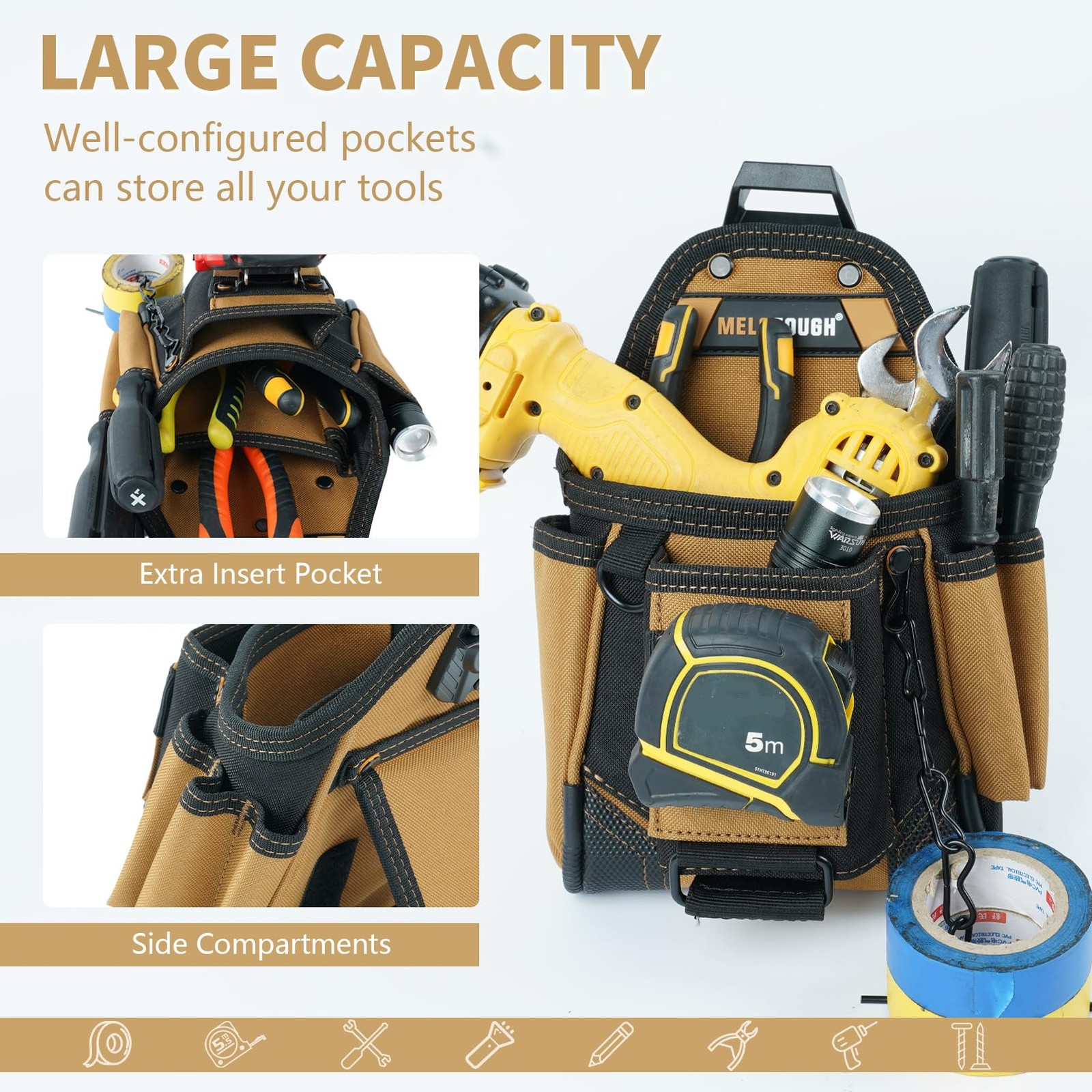 Small Electrician Tool Pouch Belt Clip Attachment 9 Pockets Tradesman Bag