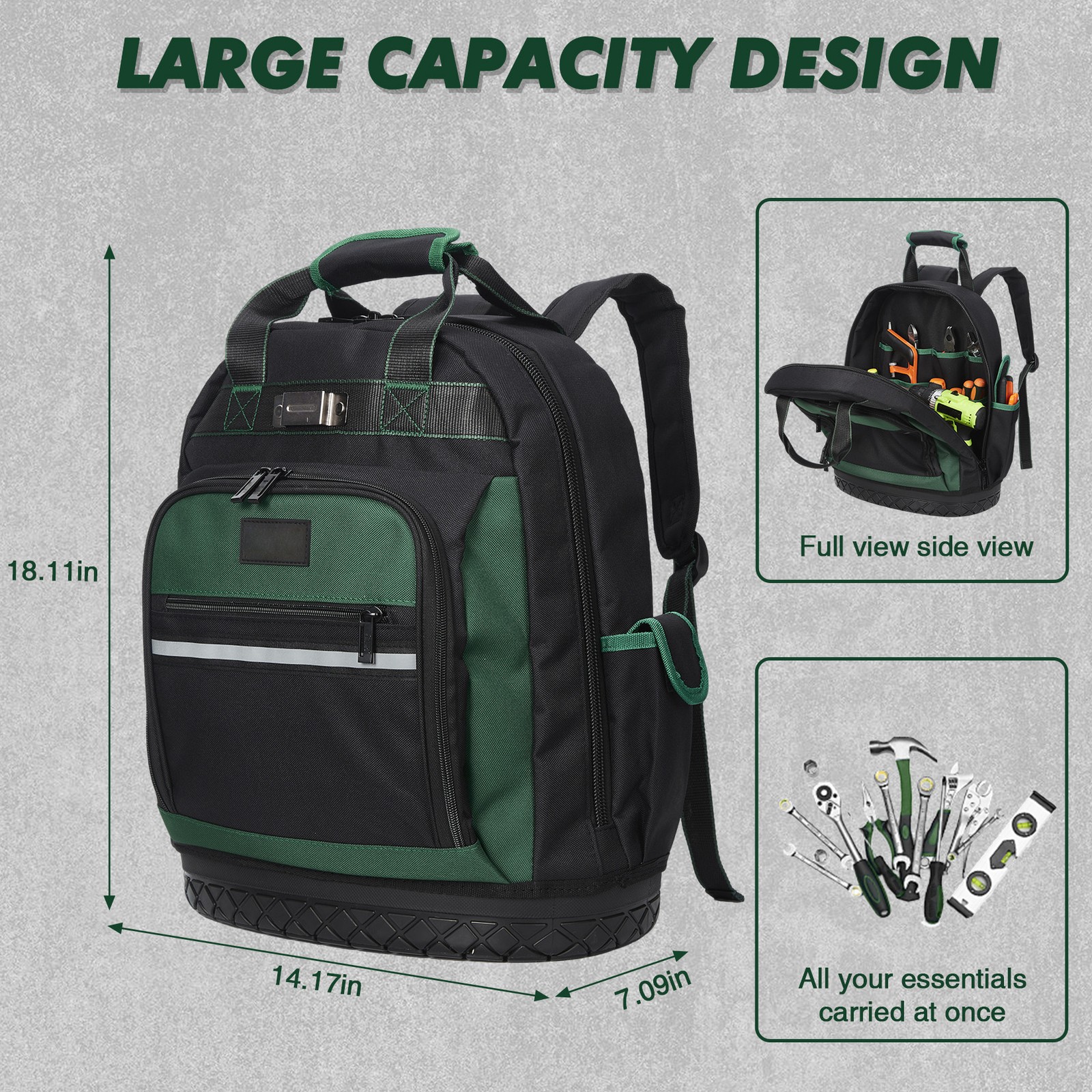 18 Inch Tool Backpack Heavy Duty Oxford Electrician Carpenter Tool Bag 9 Pockets