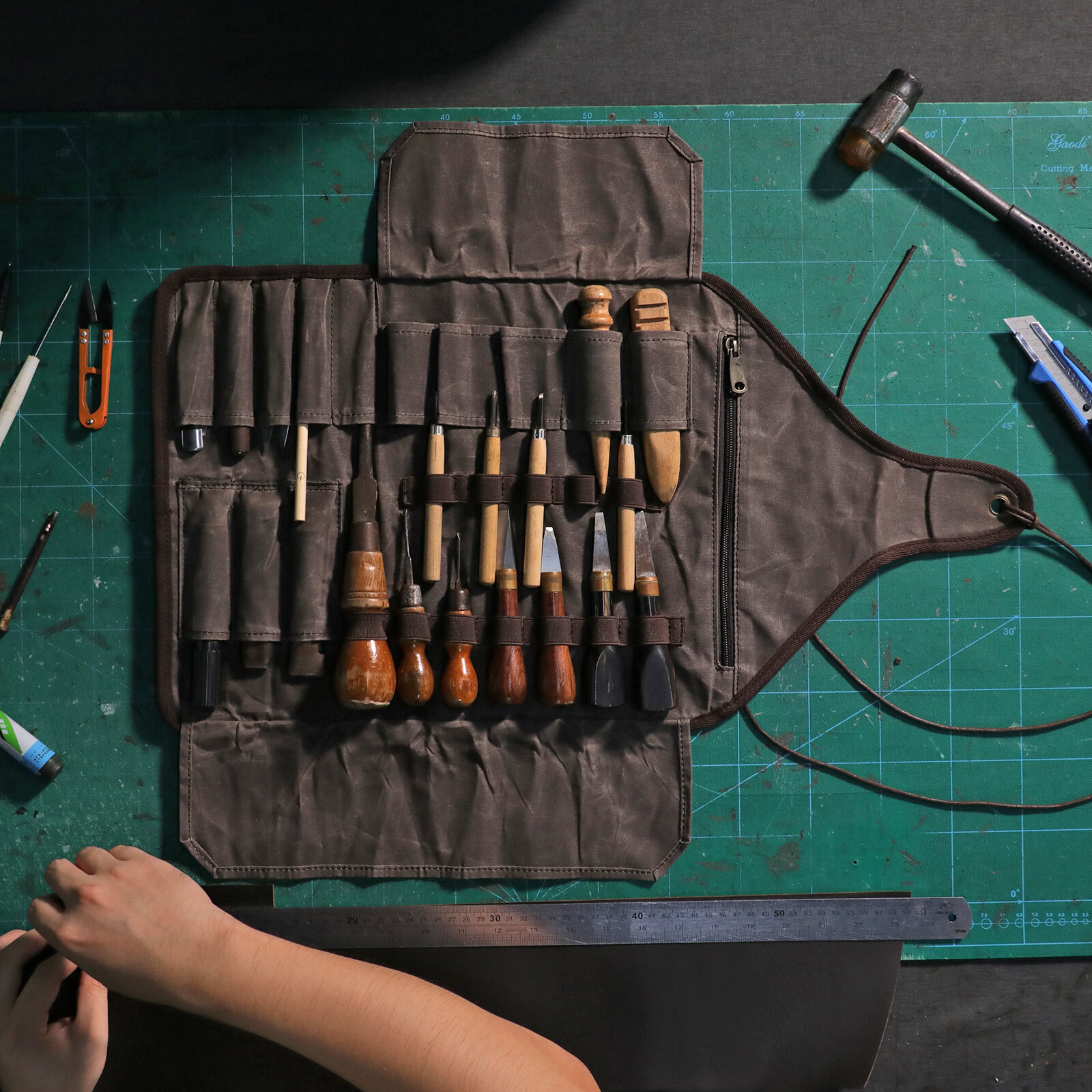 TOURBON Waxed Canvas Tool Roll Spanner Wrench Storage Pouch Chisel Gloves Pocket