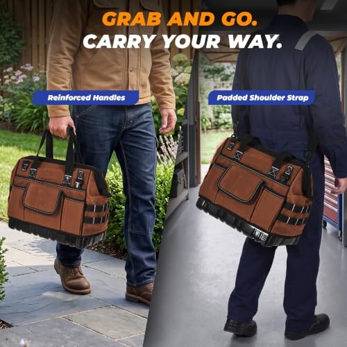 Heavy Duty Canvas Tool Bag, Wide Mouth Tool Tote Organizer with Standard Brown