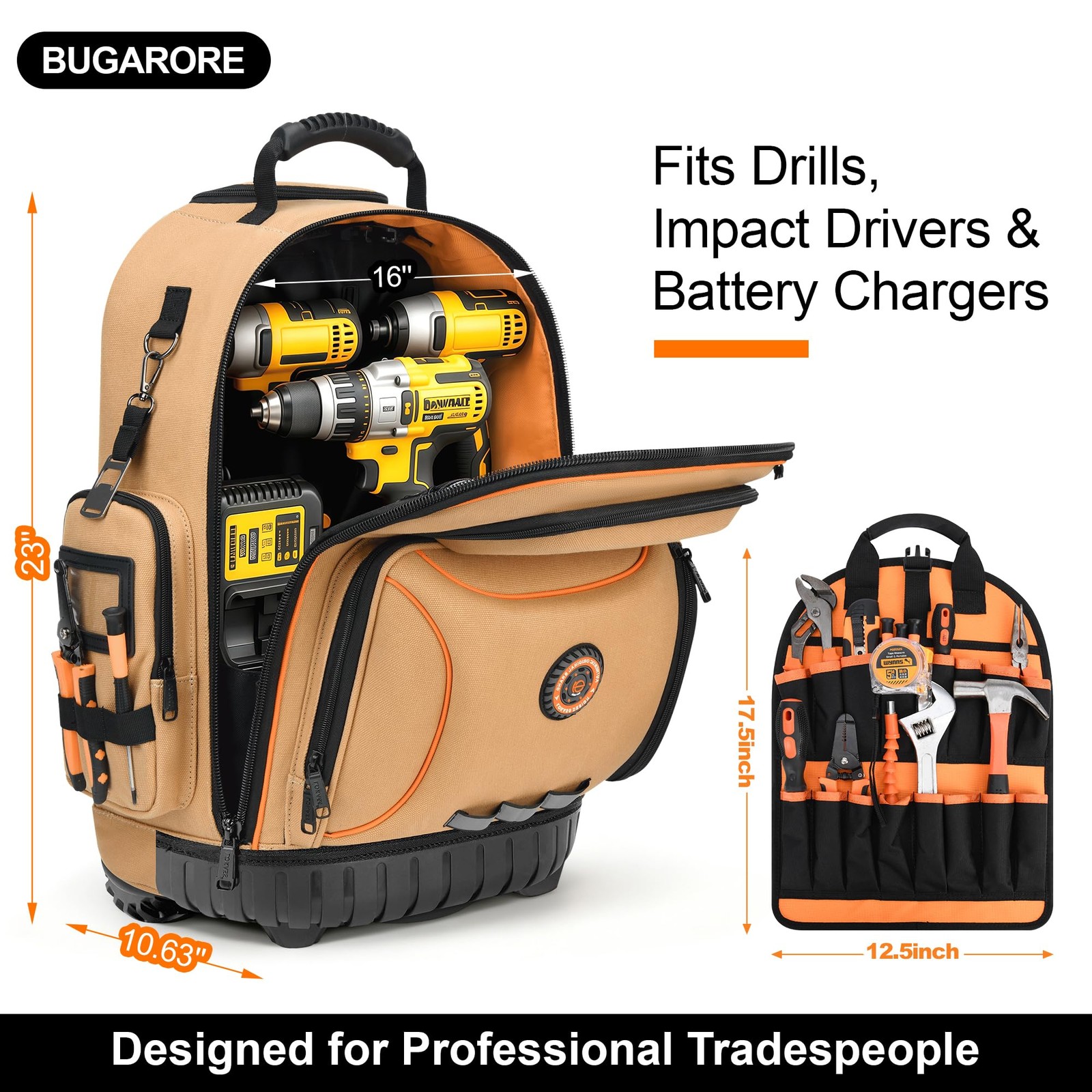 16″ Rolling Tool Backpack with Wheels, 75 Pockets Electrician Tool Bag for Co…