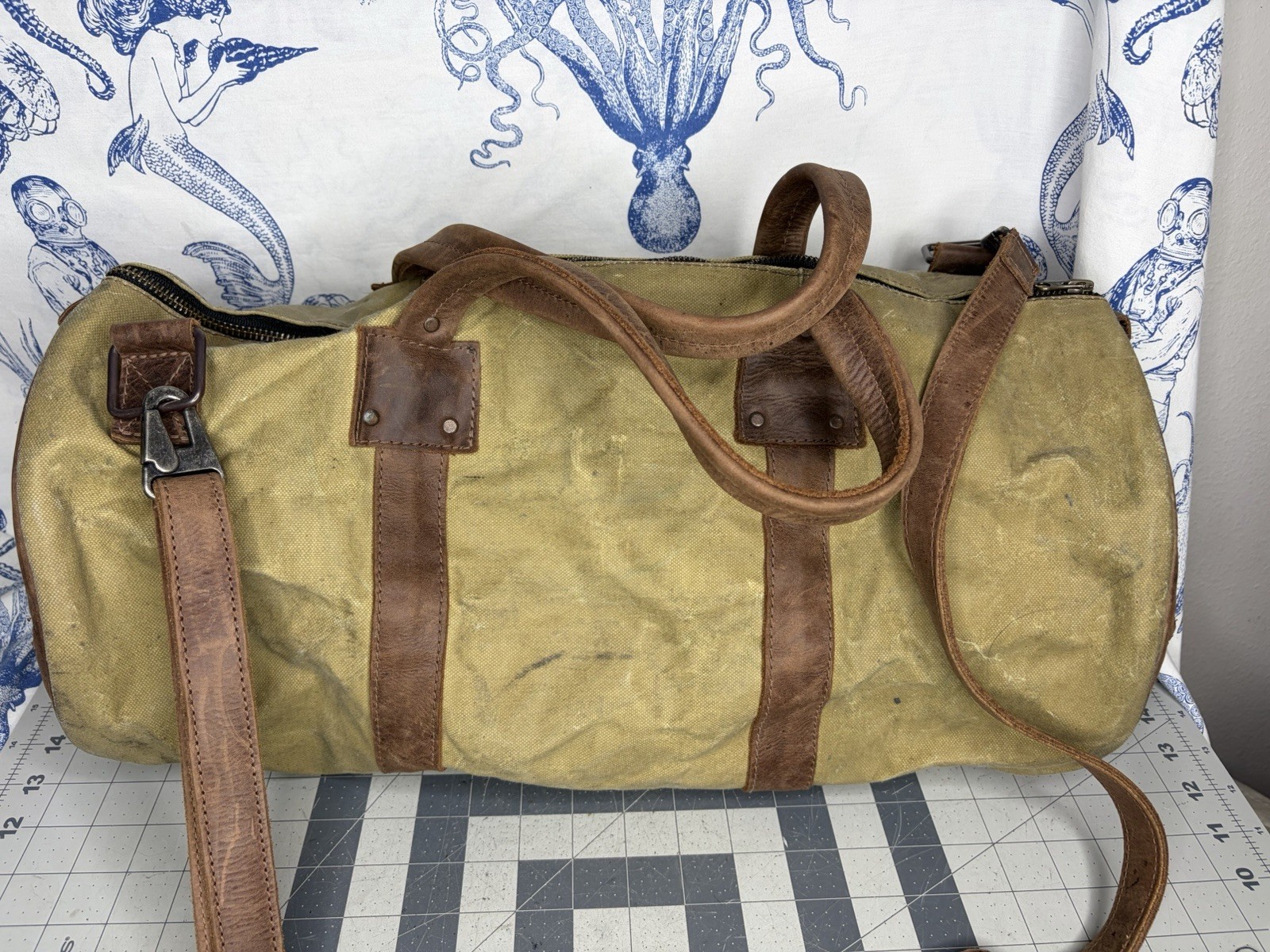 Hide & Drink Waxed Canvas Beige Duffle Weekend Bag W/ Leather Shoulder Strap (K2