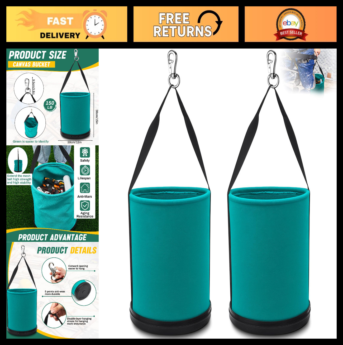 2 Pack Heavy Duty Canvas Bucket Tool Bag 15″x12″ with Plastic Bottom & Metal Hoo