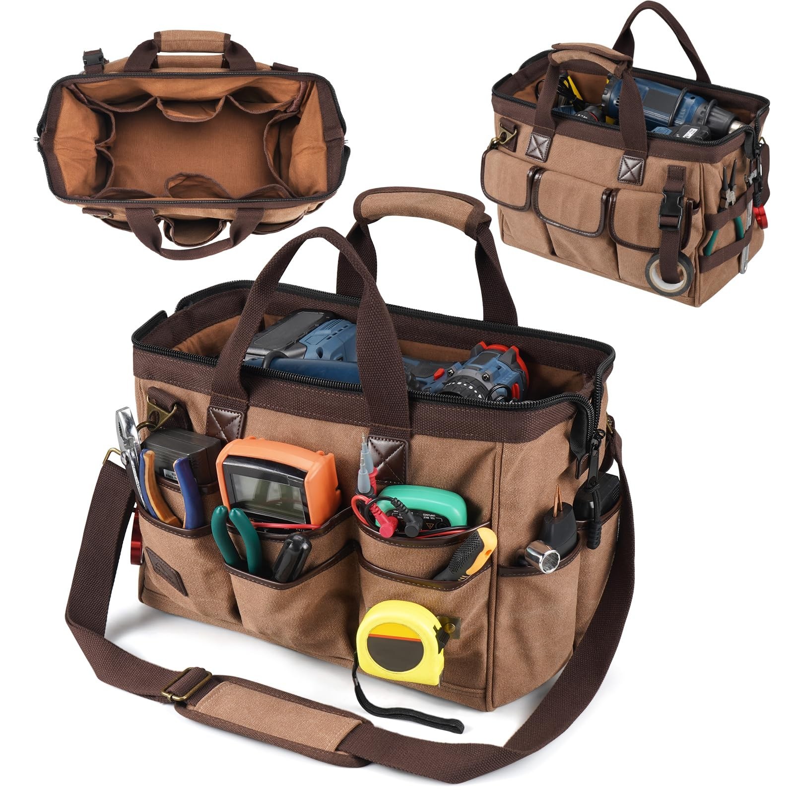 14″ Portable Tool Bag – 21 Pockets Heavy Duty Canvas Organizer with Wide Mouth &