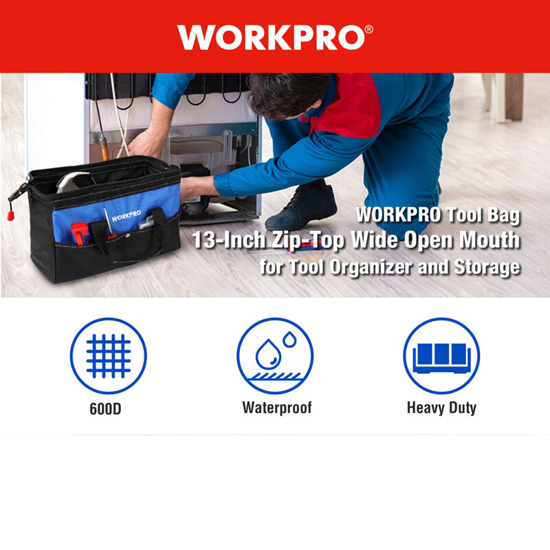 WORKPRO 13-inch Tool Bag Wide Mouth Tool Tote Bag w/Inside Pockets Tool Storage