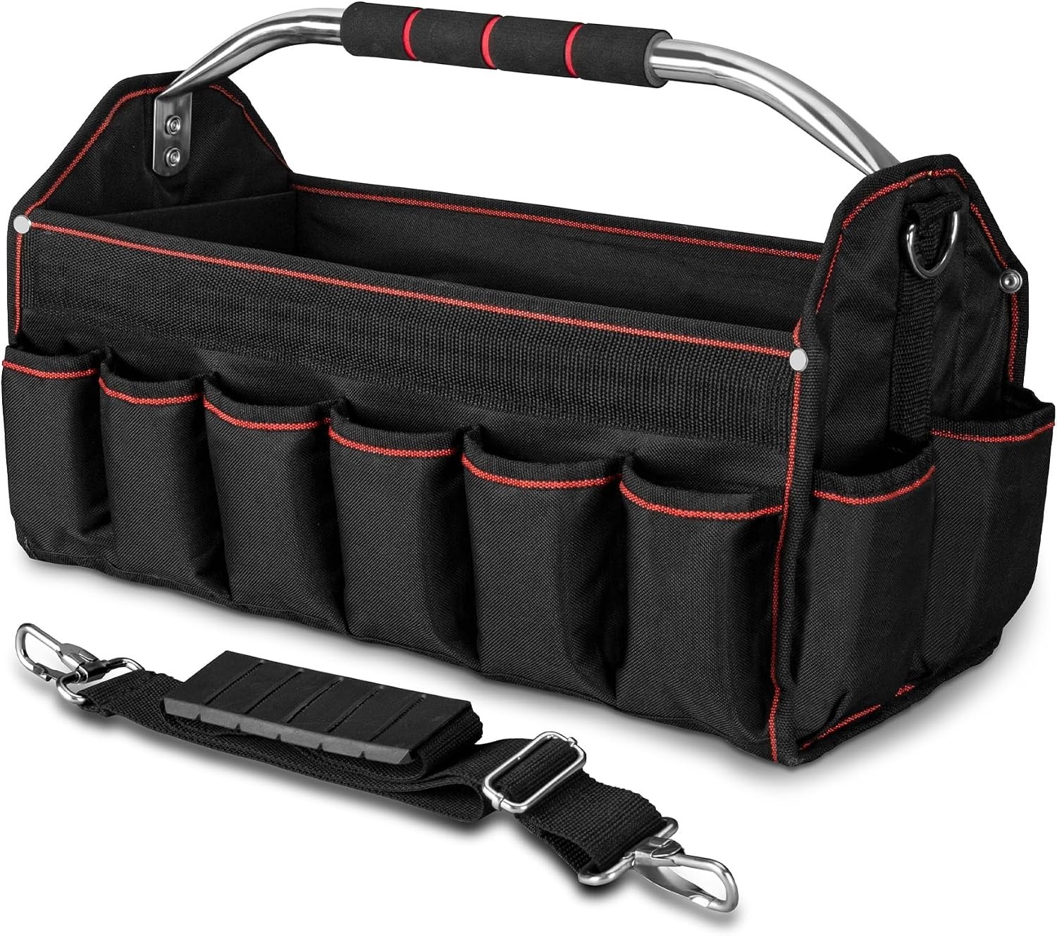 18″ Open Top Tool Bag: Foldable, 23 Pockets, Padded Handle, Built Tough