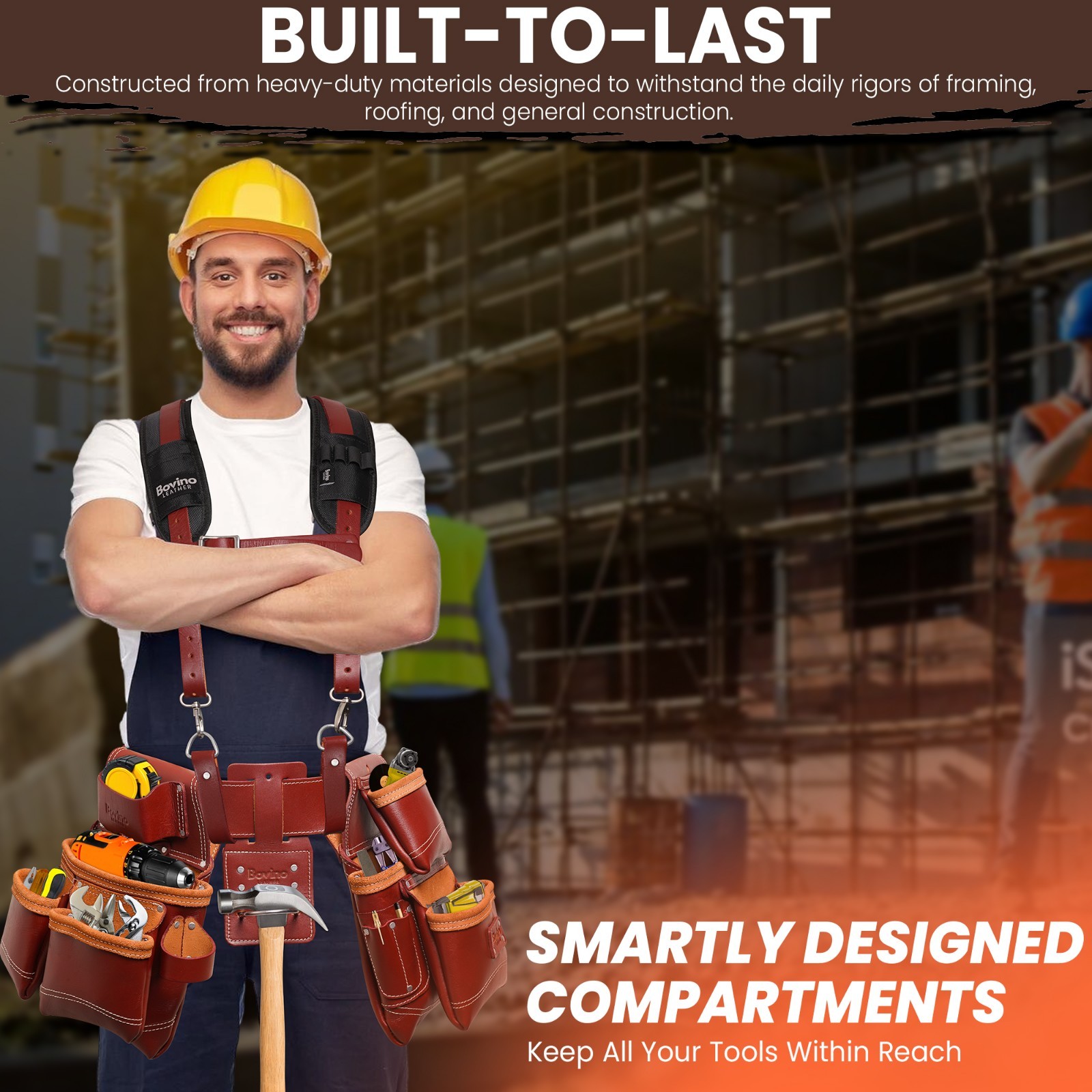 Leather Tool Belt with Suspenders, 20 Pocket Framing Rig for Framer & Carpenters