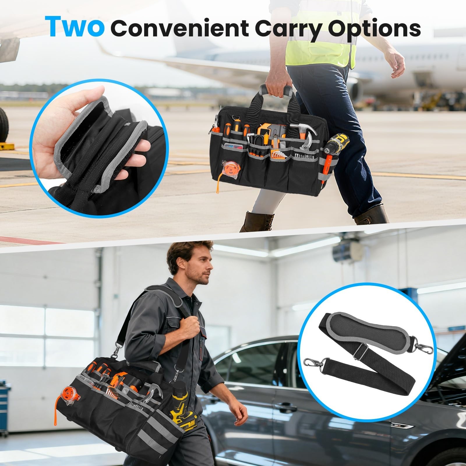 17″ Heavy Duty Tool Bag, Waterproof Multi-Pocket Organizer with Adjustable Strap