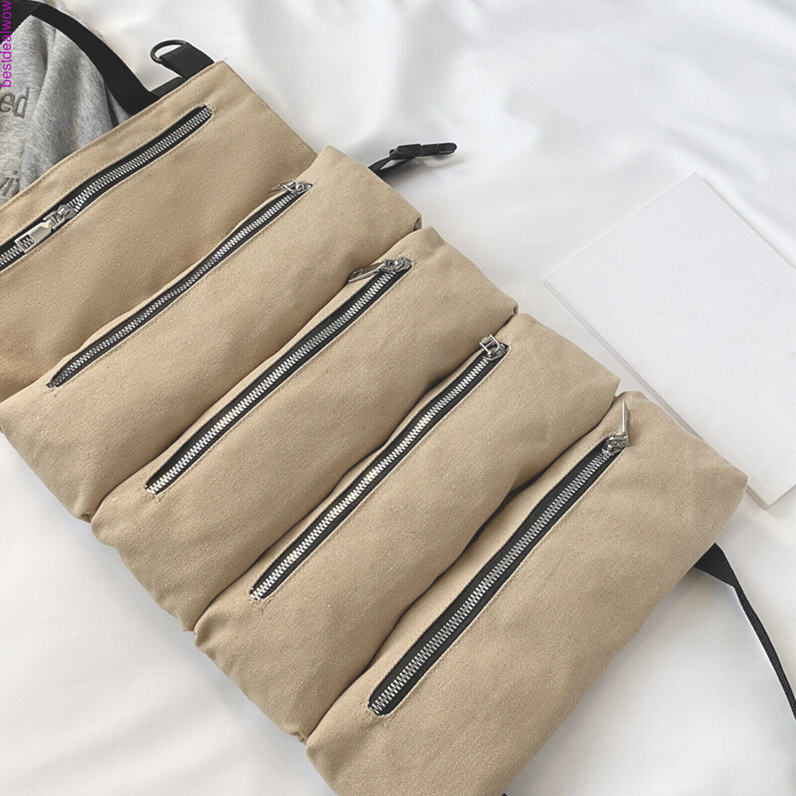 Roll Up Tool Organizer Wrench Storage Pouch 5 Pockets Mechanics Wrap Bag Brown