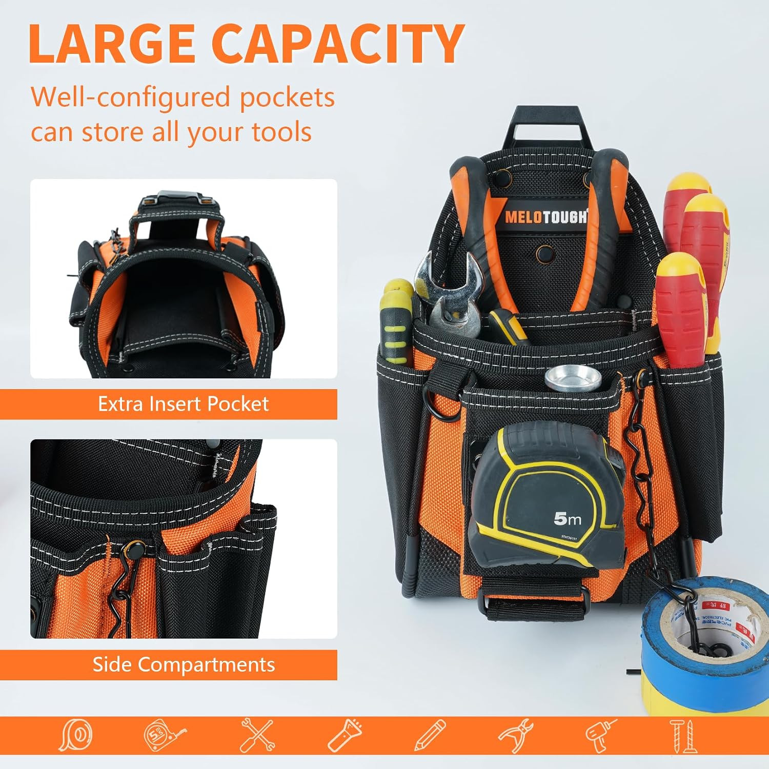 Small Electrician Tool Pouch With Belt Clip Attachment – 9 Pockets Tradesman Bag