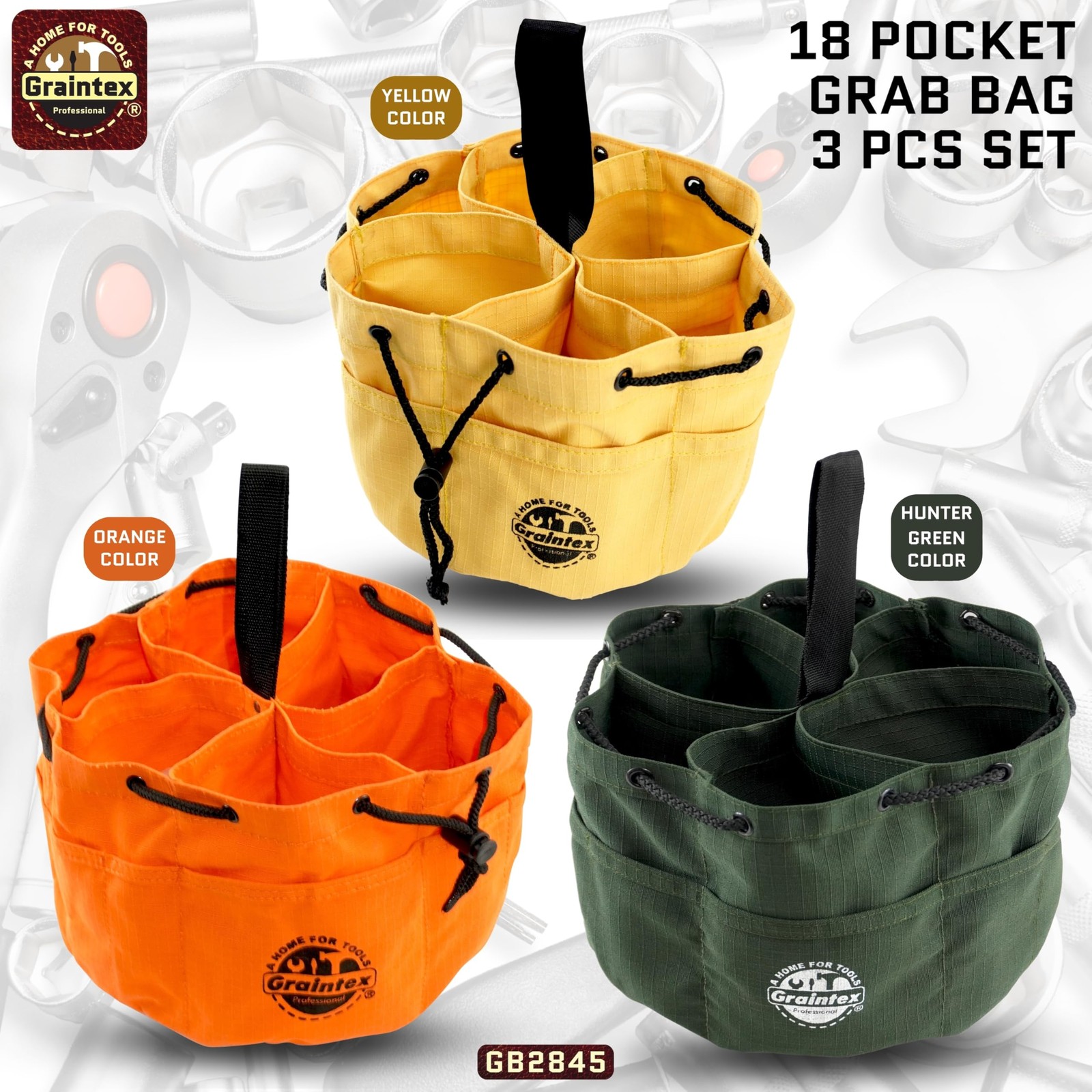 18 Pocket Grab Bags Set of 3 Pcs Rip-Stop Canvas, Drawstring Closure, Small P…