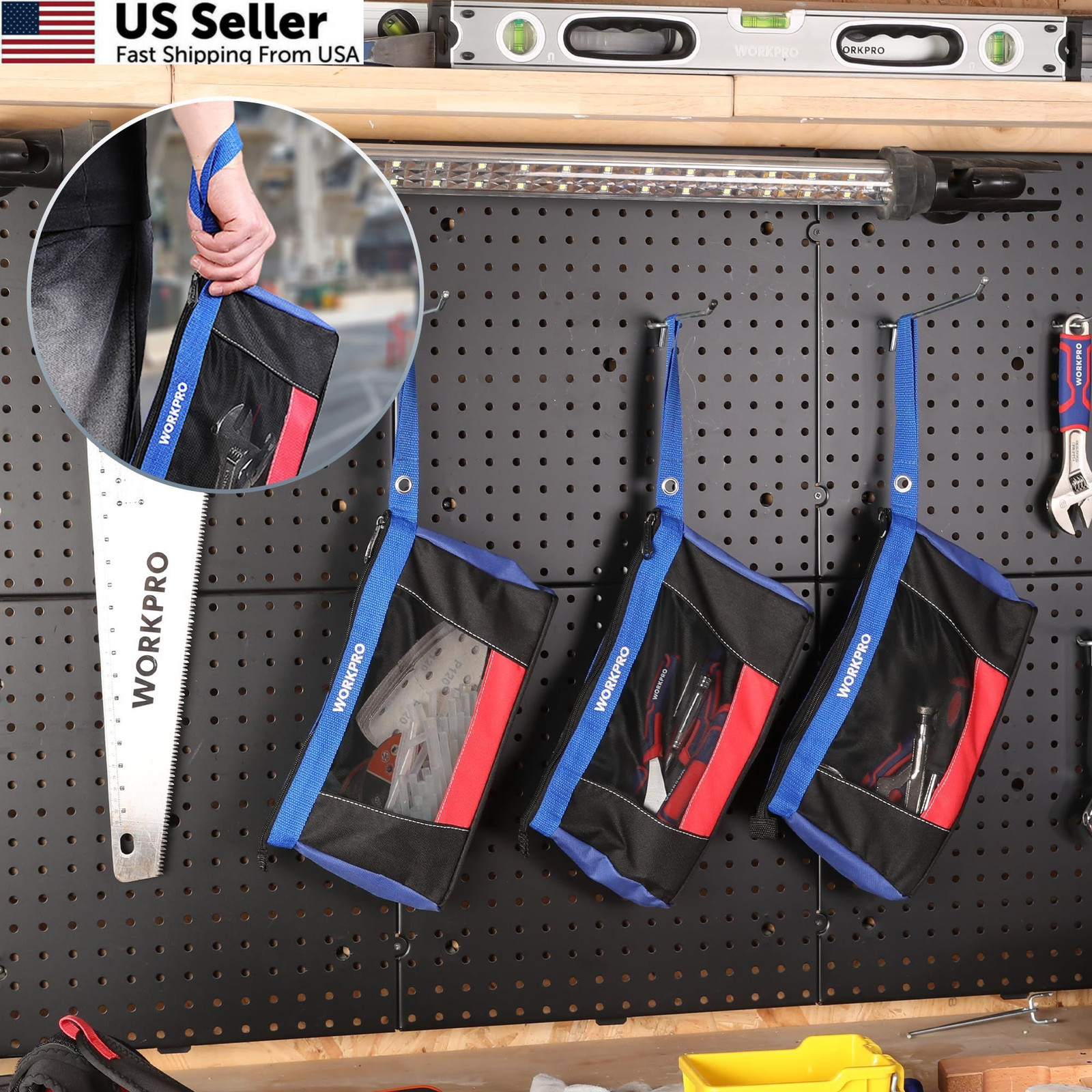 WORKPRO 12″ Tool Pouches with Zipper, Heavy-Duty Small Bag, 12″, Black