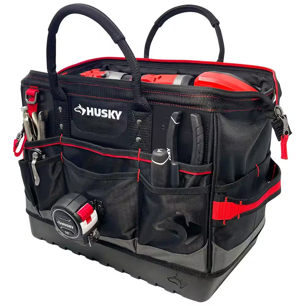 Husky Tool Bag 16in Heavy Duty Pro Tote Organizer 28 Pocket Waterproof Base