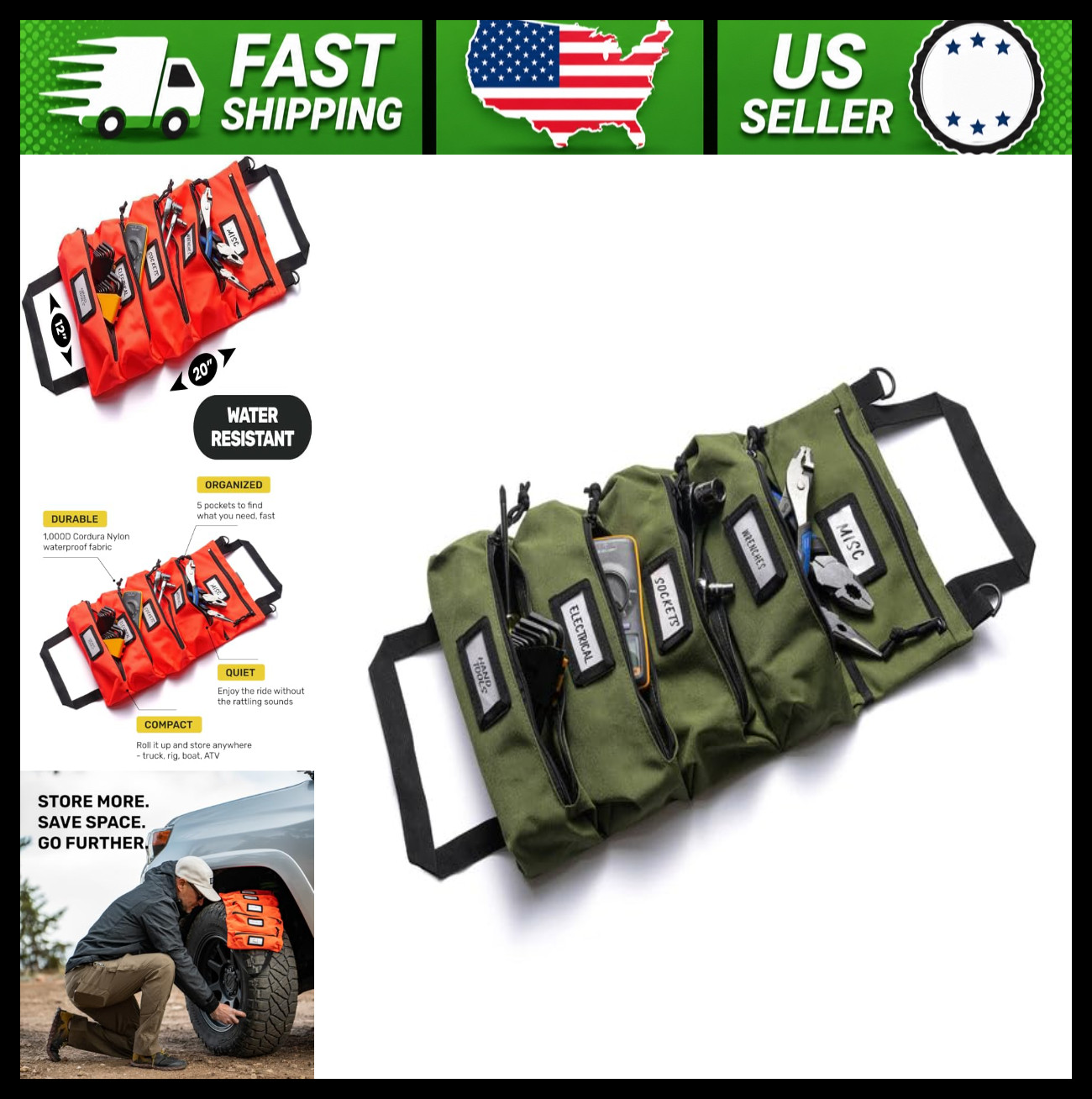 Maverick 5-Pocket Roll Up Tool Bag Waterproof Canvas Army Green