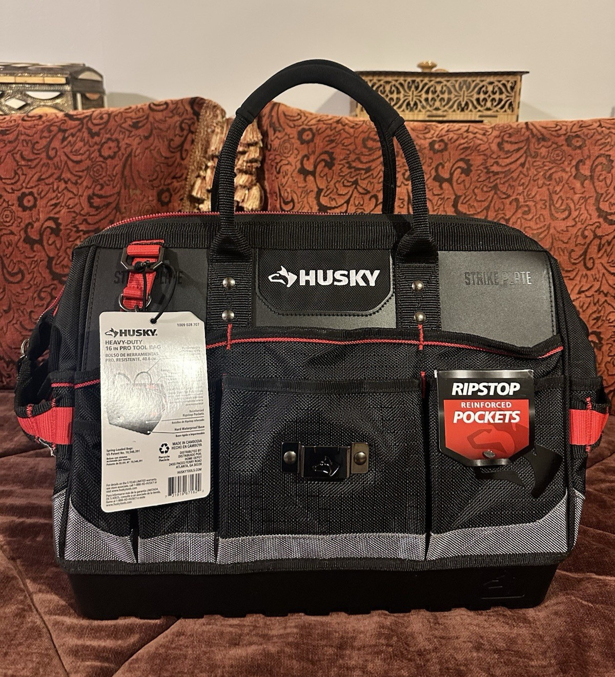 Husky Heavy-Duty 16 in Pro Tool Bag Hard Waterproof Base Ripstop Pockets