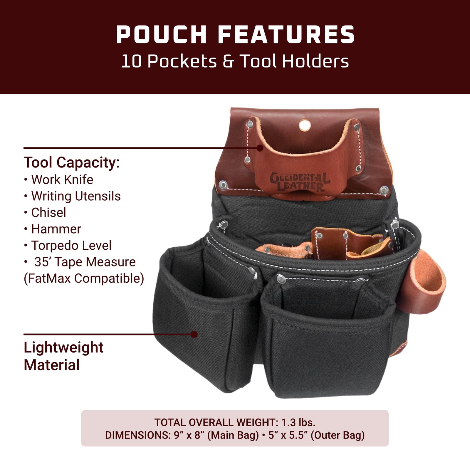 Occidental Leather OxyLights 3 Pouch Tool Bag with Tape Right Hand, Black