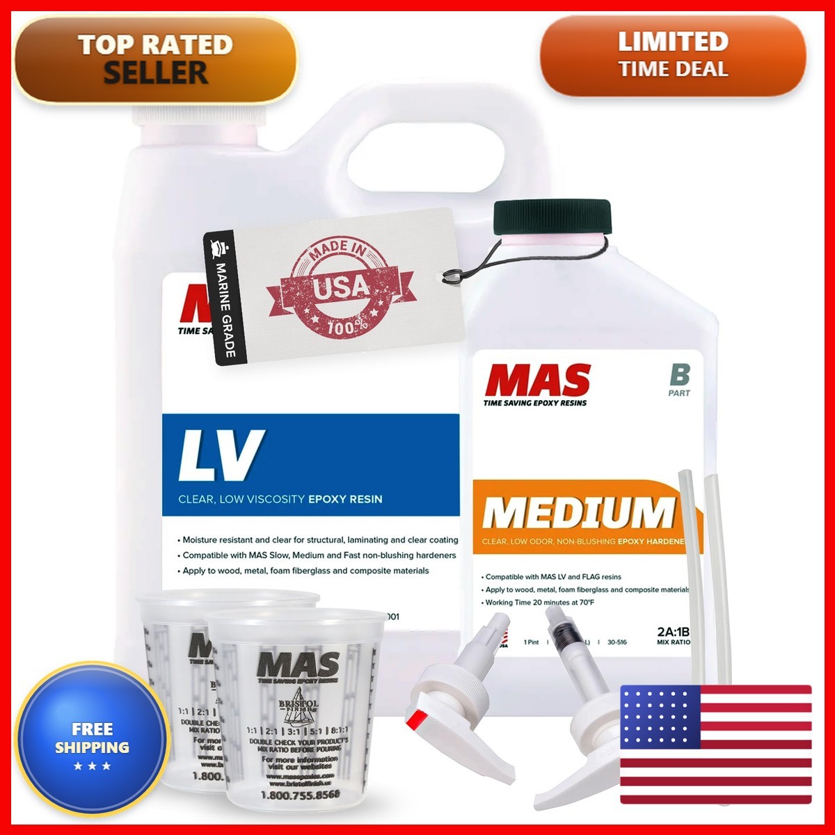 MAS Marine Epoxy Kit 1.5-Qt 2:1 Medium for Boat Wood Fiberglass Repair