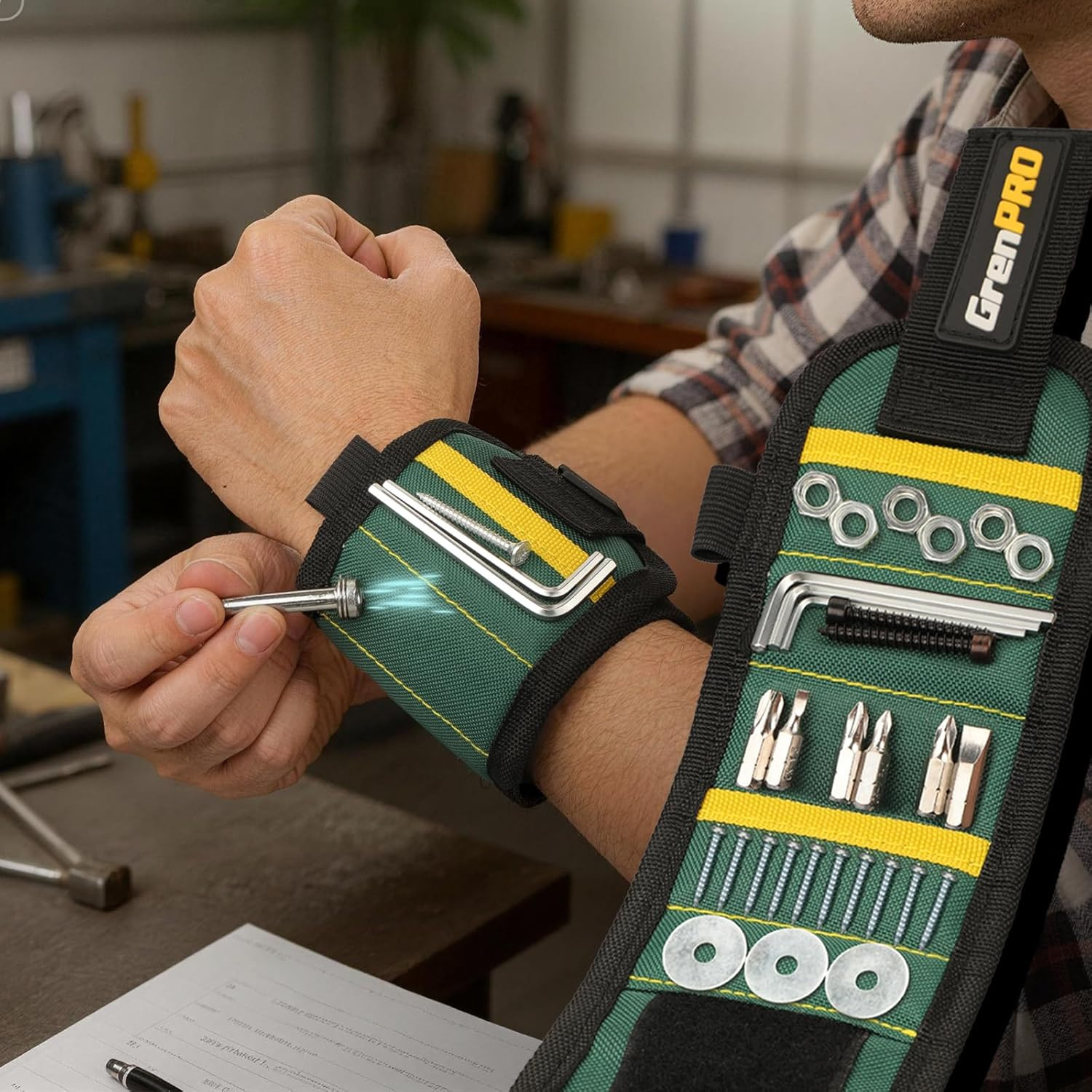 GRENPRO Magnetic Tool Wristband with 3 LED Flashlights Heavy Duty Oxford Belt fo