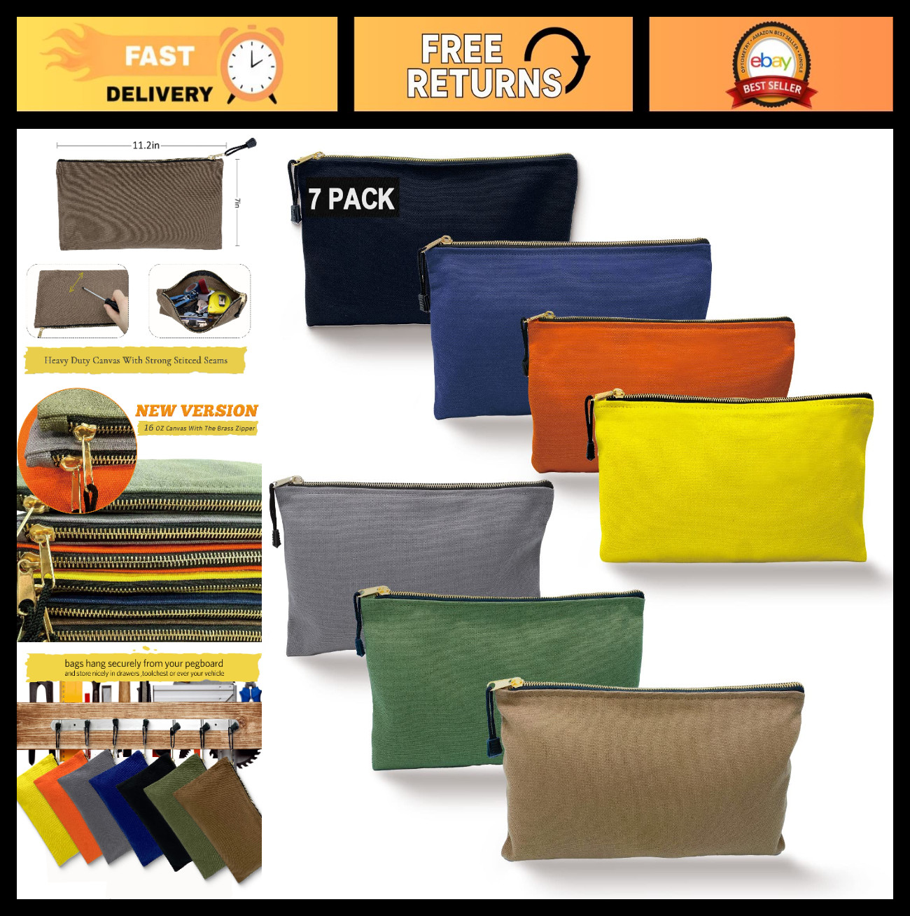Heavy Duty Canvas Tool Bag Organizer – 7 Assorted Color Zipper Pouches, 12.5″x7″