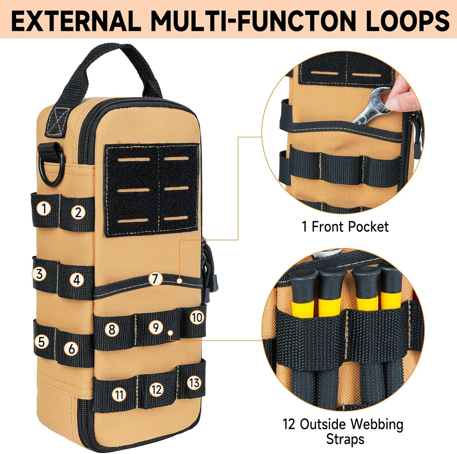 Small Tool Bag Brown Tactical Tool Pouch Organizer with Shoulder Strap