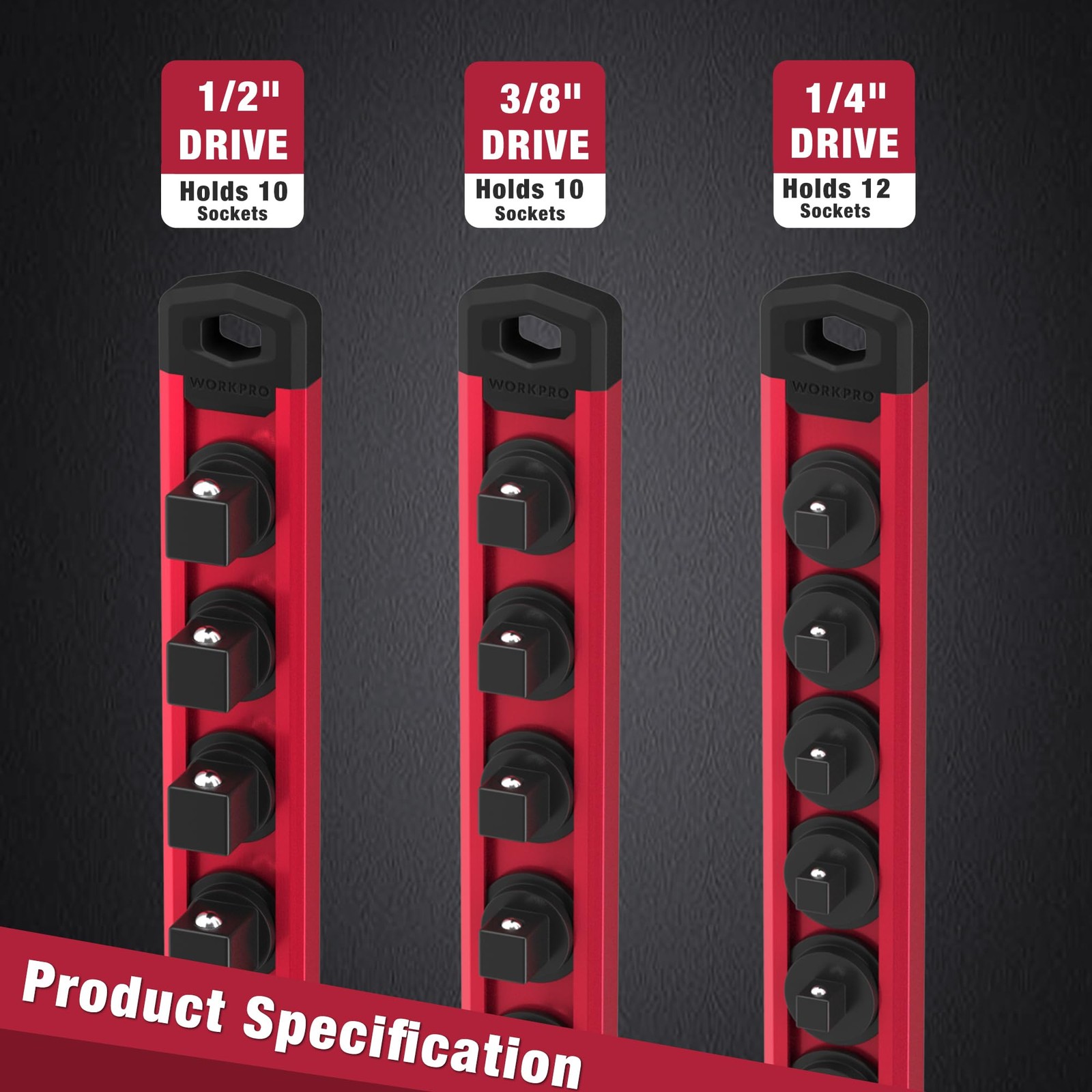 WORKPRO Magnetic Socket Organizer, 1/4-Inch Drive Aluminum Alloy 1/4″ DR, Red