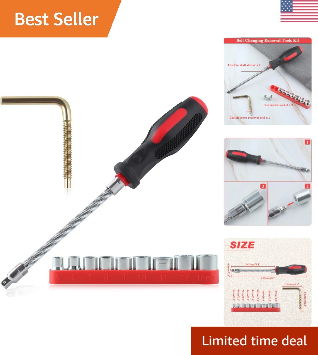 Belt Changing Tool Clutch Cover Removal Tool with Reversible Socket, Belt Cha…