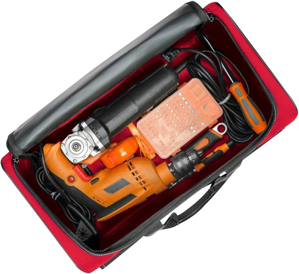17″ Tool Bag for Men 6-Pocket Waterproof Organizer Red & Black Double Zipper