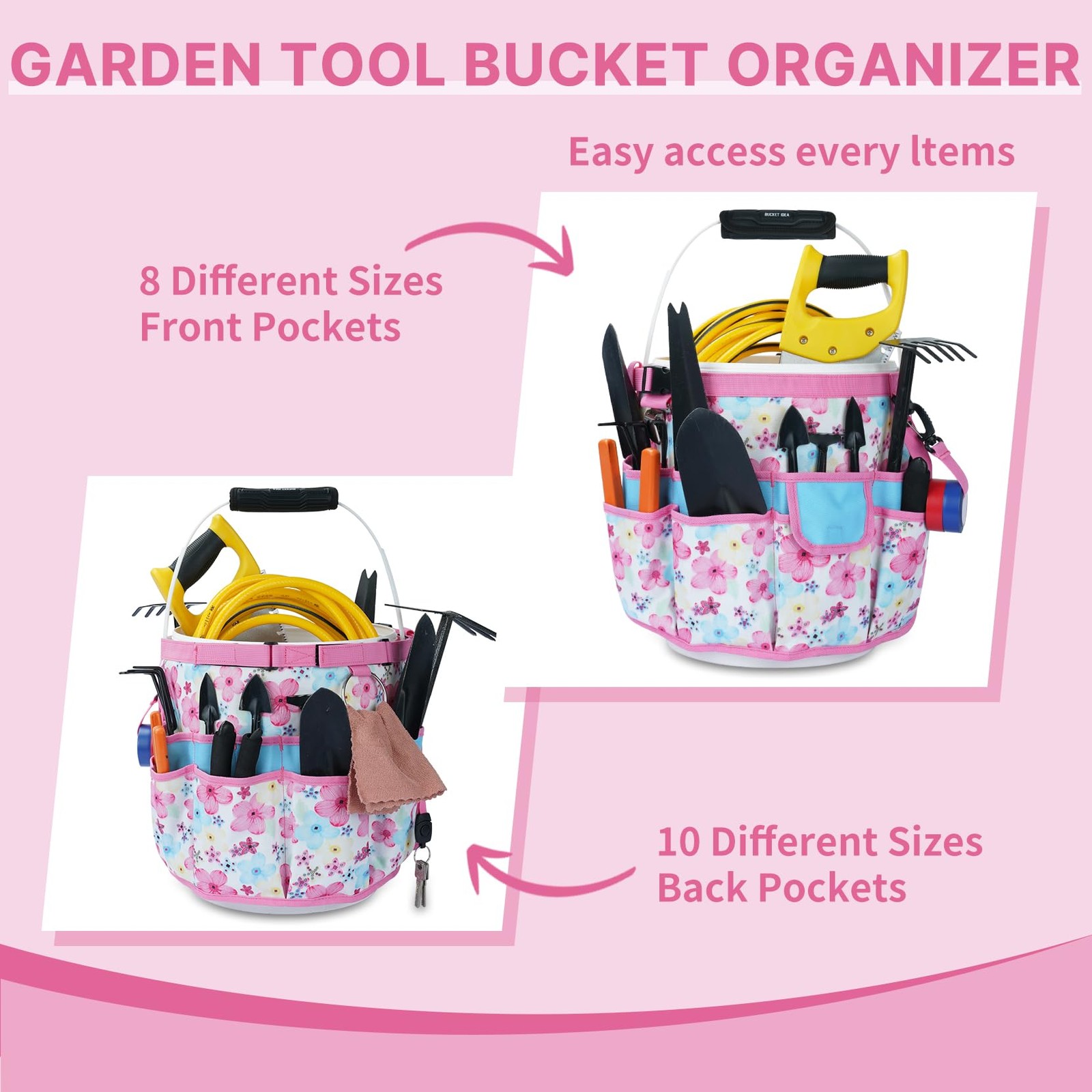 MELOTOUGH Bucket Caddy Organizer Tool for Garden Tools Fit 3.5 to 5 Gallon Pink