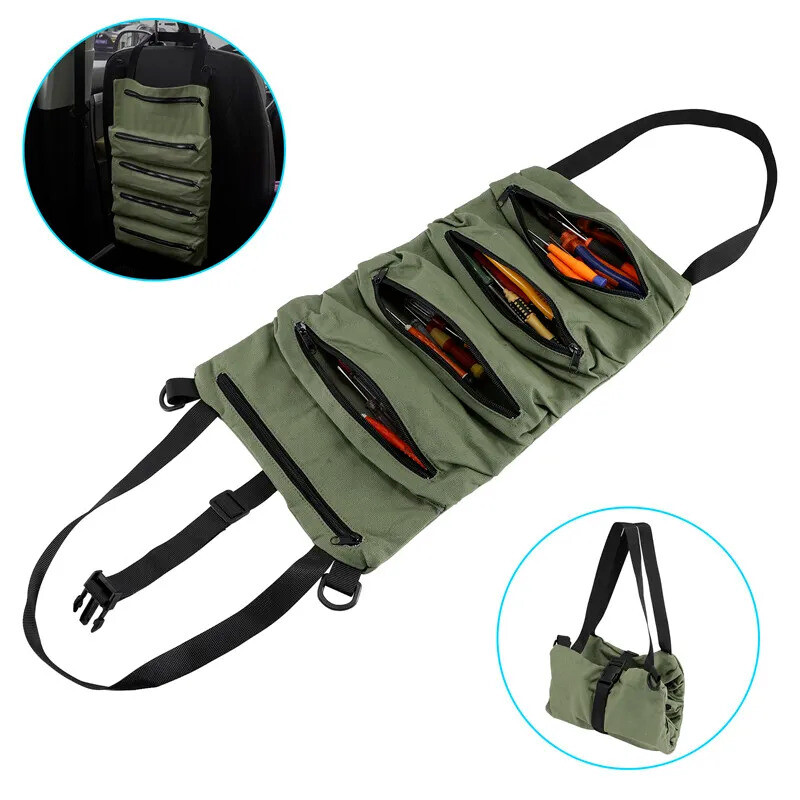 Multi-Purpose Tool Roll Up Bag 5 Pocket Wrench Pouch Canvas Hanging Organizer US
