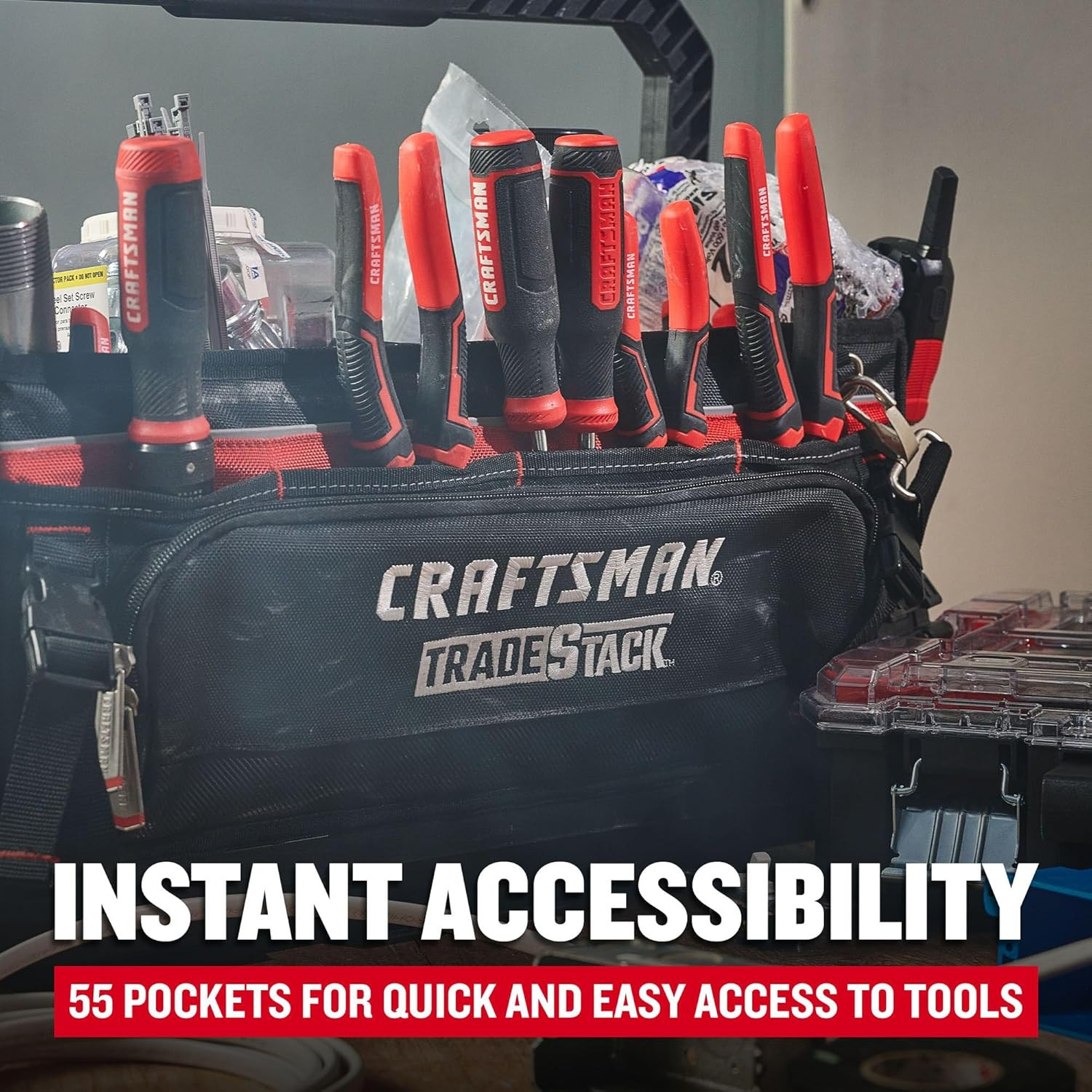 TRADESTACK Tool Bag, 22.5”, Durable Polyester, Black and Red (CMST21450)