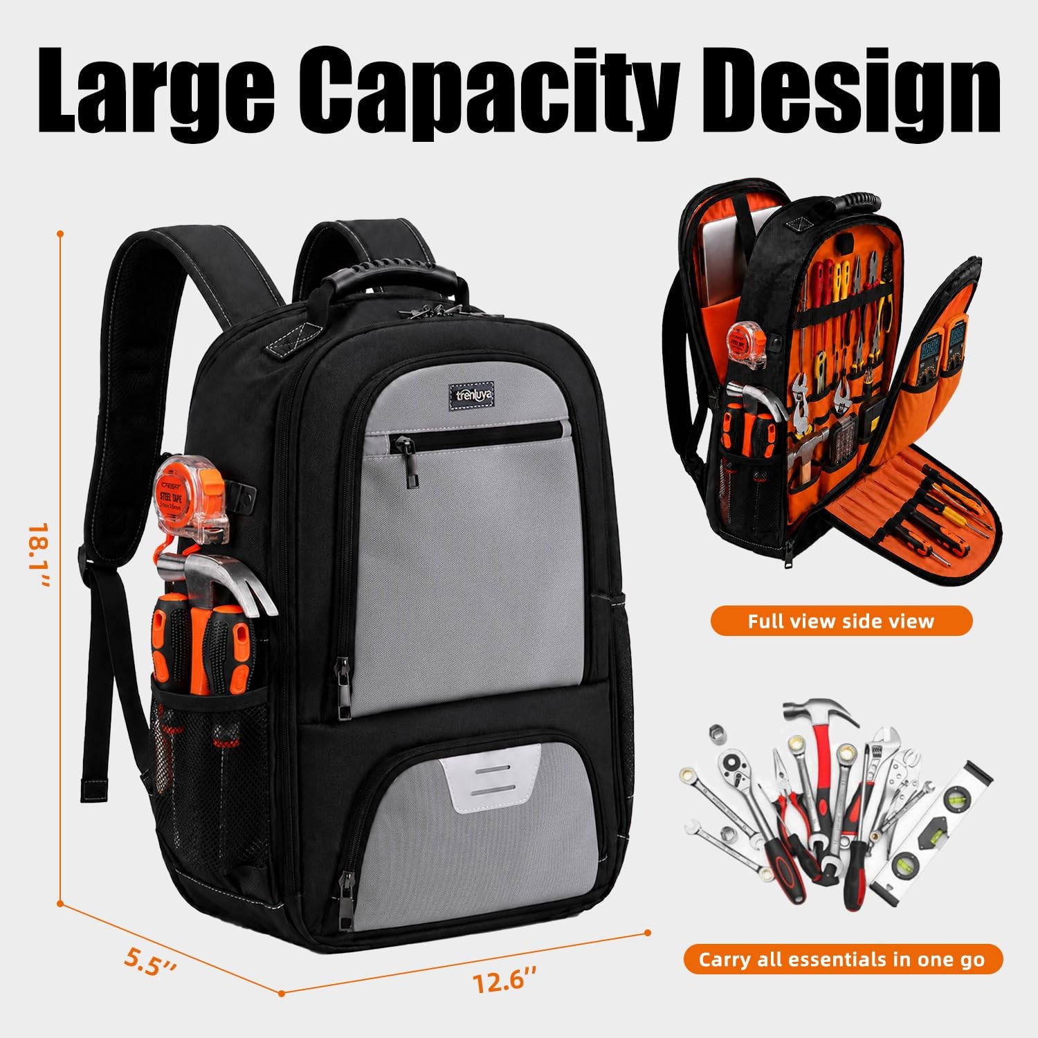 Trenluva Tool Backpack Heavy Duty with Laptop Sleeve, 12.5″ x 7″ x 18″, Grey