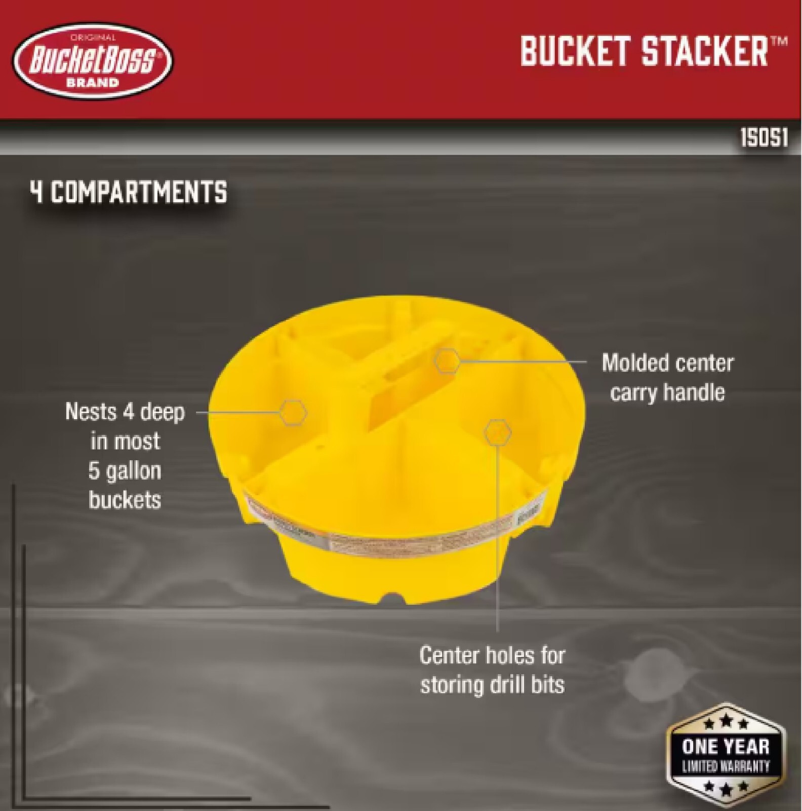 10.25 in. 4-Compartment Bucket Stacker Small Parts Organizer for Bucket Storage