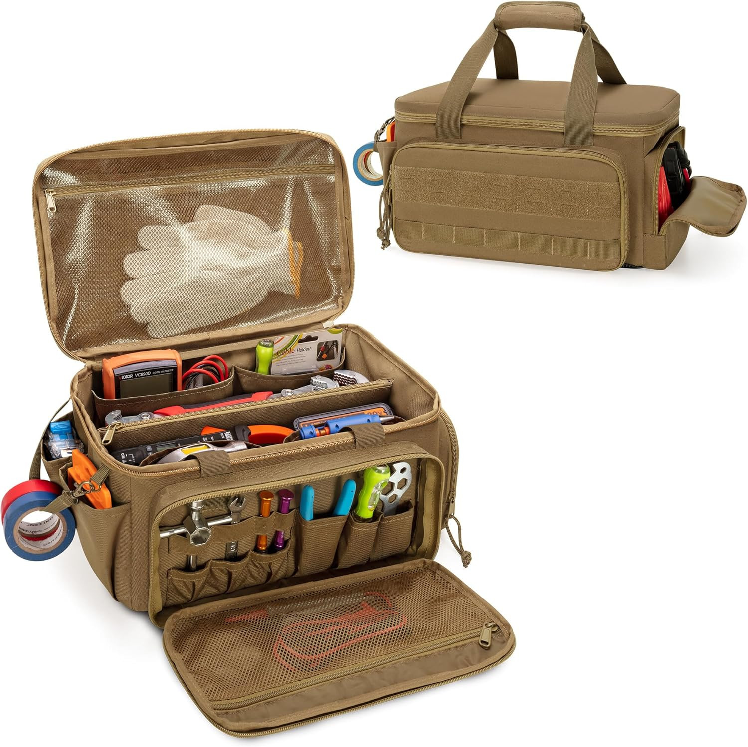 Tool Bag 14″ Hand Tool Organizer Tactical Range Bag Work Tote Repair Jobs Khaki