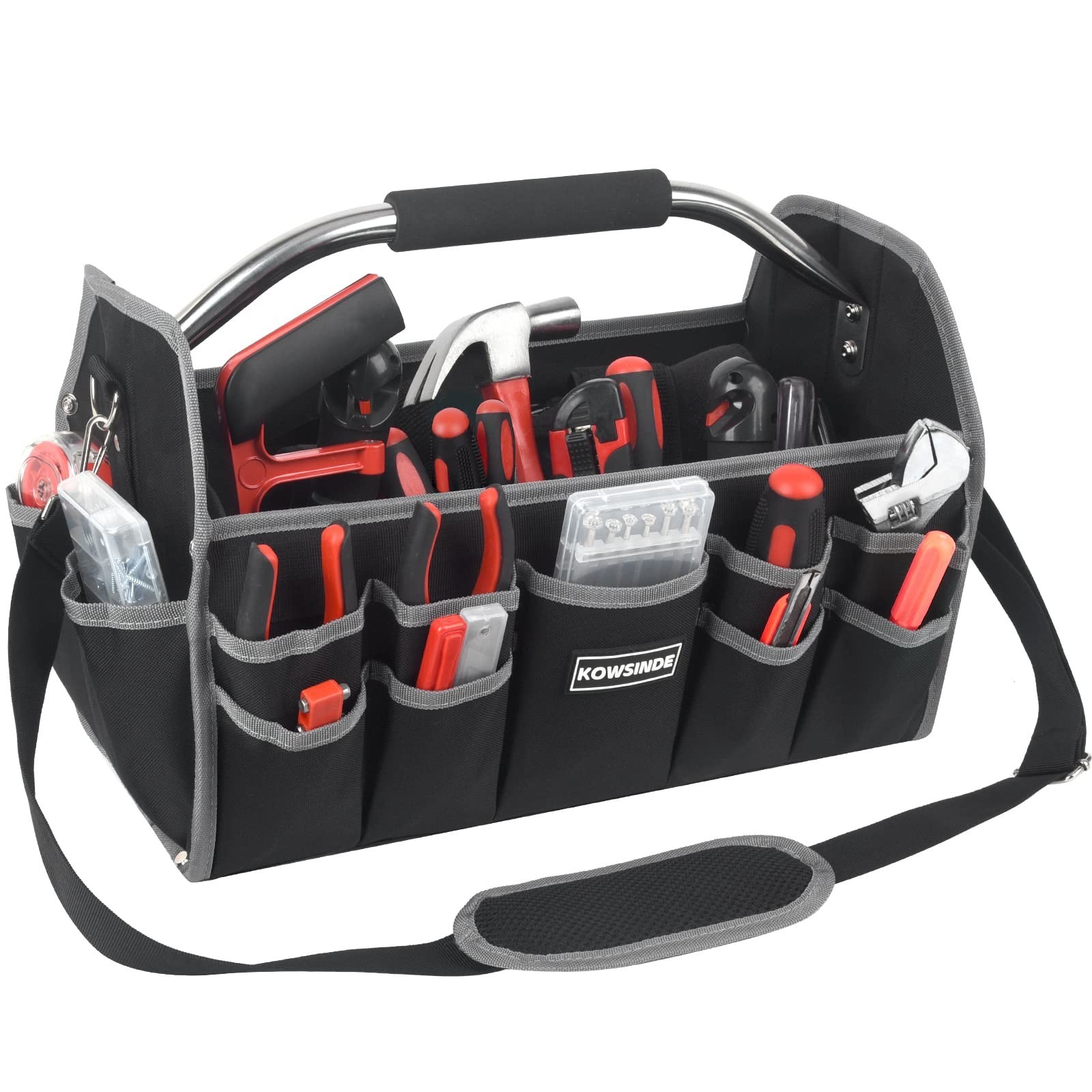 16″ Electrician Tool Bag – Open Top, 26 Pockets, Steel Handle, Removable Strap